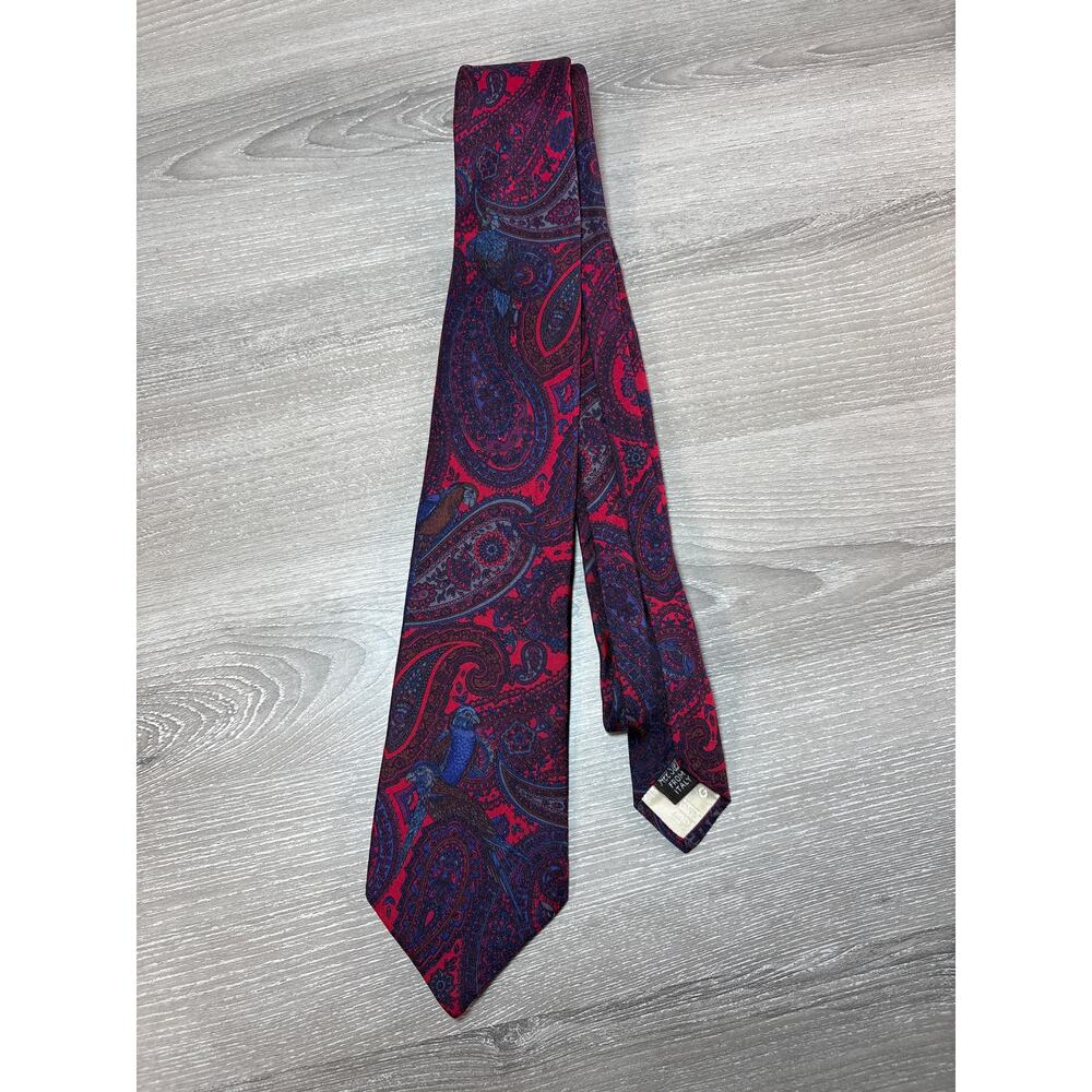 Vintage Givenchy Monsieur Men's All Silk Tie- Italy- Subdued Parrots- Blue‎ Red